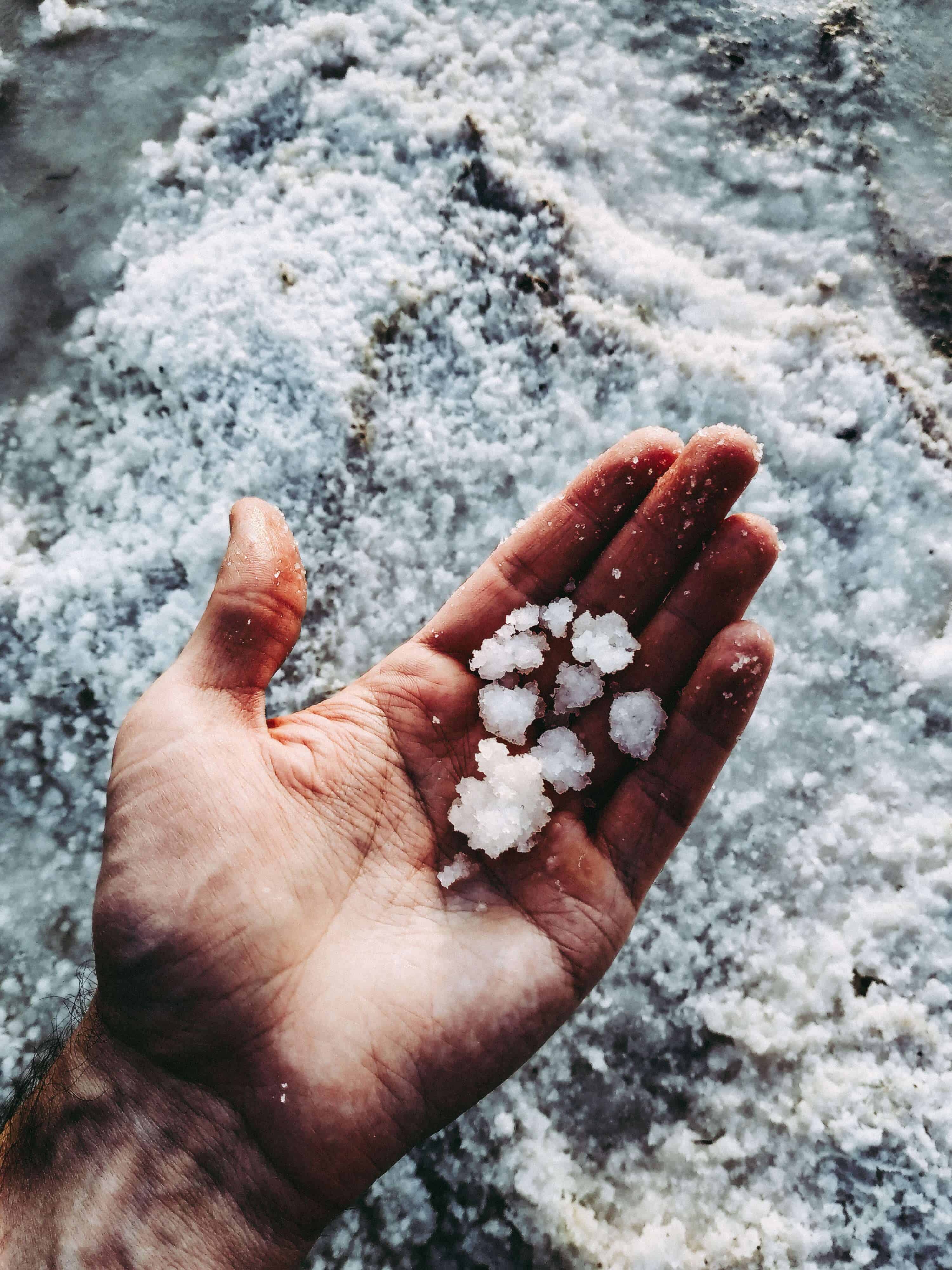 a individual with chlorinated rock salt in their hands above a pile of salt